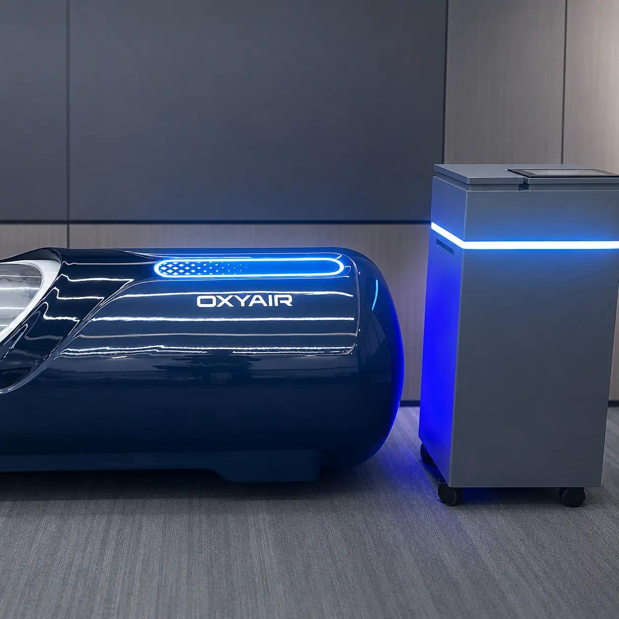 Pro Solo sidevisning med LED-belysning og Oxyair-logo